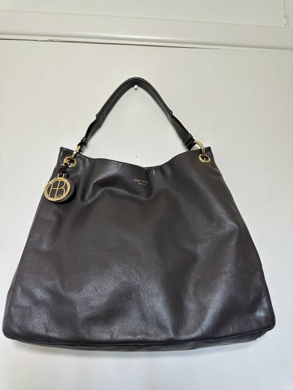 Henri Bendel Brown Leather Slouchy Hobo Shoulder Bag with Gold Logo Charm
